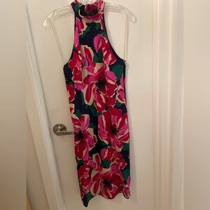 Trina Turk Floral Pink and Green Halter Sheath Dress